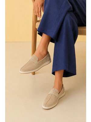 Sovenso Pure Hakiki Süet Derisi Termo Taban Bej Süet Loafer