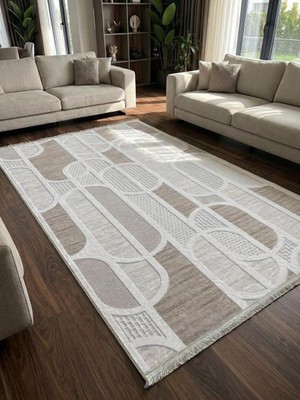 NarStore Home Kaymaz Taban Saçaklı Krem Bej Modern Geometrik Yıkanabilir Koridor Salon Mutfak Yolluk Halı