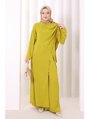Bym Fashion Tek Omuz Gold Toka Detaylı Tunik Pantolon Takım 8698 Yağ Yeşili