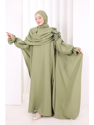 Bym Fashion Pamuk Çiçek Detaylı Elbise Abaya Şal Hediye  8009 Yeşil