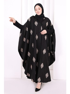 Bym Fashion Kapüşonlu Nakışlı  Pelerin 7083 Vizon