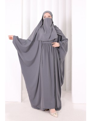 Bym Fashion Umre Yarasakol Belden Kuşaklı Peçeli, Şallı Elbise 6038 Füme