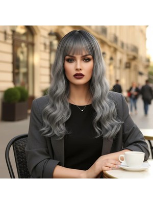Liyuza Dalgalı Kısa Perçemli Fiber Sentetik Peruk - Siyah / Gri Ombreli
