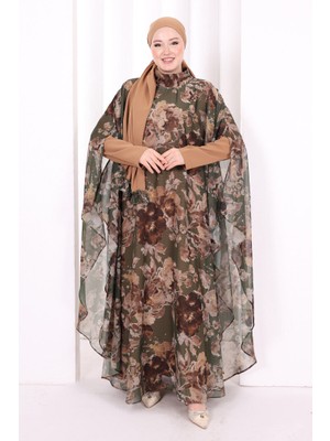 Bym Fashion Desenli Şallı Elbise 6076 Haki