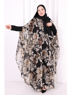 Bym Fashion Desenli Şallı Elbise 6076 Siyah - Taş