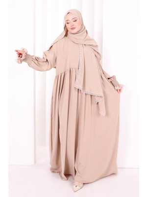 Bym Fashion Dantel Detaylı Namaz Elbise 6095 Vizon