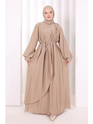 Bym Fashion Çiçek Broş  Detaylı Elbise 6094 Vizon
