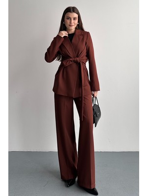 Moda Armanc Kadın Ikili Takım Blazer Ceket Pantolon Bordo - Kuşaklı Kruvaze Yaka Şık Takım