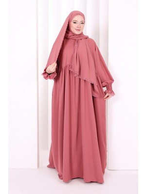 Bym Fashion Dantel Detaylı Namaz Elbise 6095 Gül Kurusu