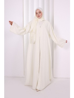 Bym Fashion Üçlü Dantelli Abayalı Takım 6089 Ekru