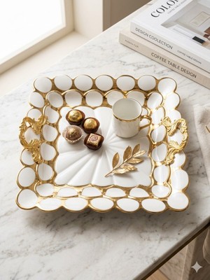sembol  Lüks Beyaz Gold Detaylı Kare Sunum Tepsisi - 30 cm