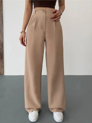 Emporya Trend Kadın Vizon Kumaş Pantolon | Yeni Sezon | Geniş Paça Düğme Kapamalı Oversize Palazzo Kesim