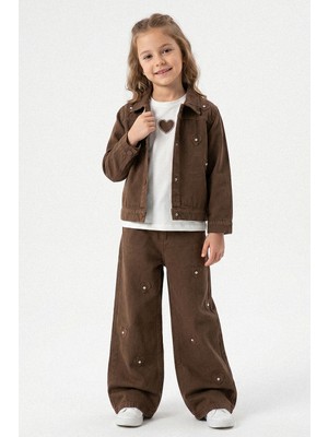 Kinderos Kalp Nakışlı ve Taşlı Kız Çocuk 3\'lü Kot Takım - 26Y 1442
