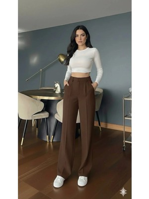 Emporya Trend Kadın Kahverengi Kumaş Pantolon | Yeni Sezon | Geniş Paça | Kemersiz