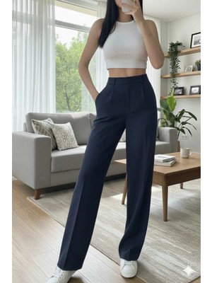 Emporya Trend Kadın Lacivert Kumaş Pantolon | Yeni Sezon | Geniş Paça Düğme Kapamalı Palazzo Kesim
