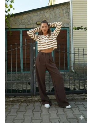 Emporya Trend Kadın Kahverengi Kumaş Pantolon | Yeni Sezon | Geniş Paça Düğme Kapamalı Oversize Palazzo Kesim
