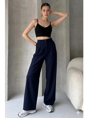 Emporya Trend Kadın Lacivert Kumaş Pantolon | Yeni Sezon | Geniş Paça Düğme Kapamalı Oversize Palazzo Kesim