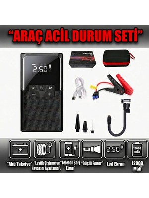 Invicta Araç Acil Durum Seti,akü Sarj Takviyesi 12000 Mah,lastik Şişirme ve Ayarı, LED Ekran,güçlü Fener