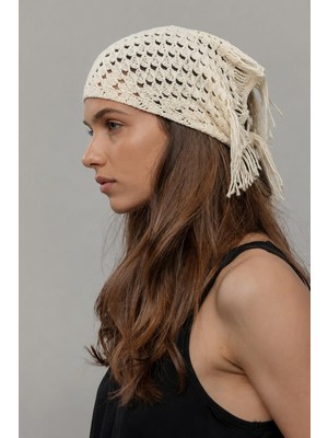 New Obsessions Krem Rengi Püsküllü Crochet Bandana