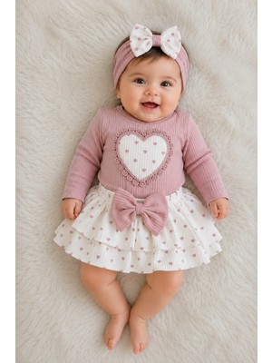 Dinamik çocuk Kız Bebek 3'lü Takım Kalpli Ribanalı Alttan Çıtçıtlı Badi+Fiyonklu Katlı Etek+Bandana 3lü Set 0-12AYLIK