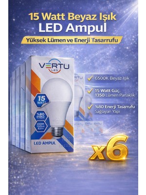 BSH Gülbay Mobilya LED Ampul 15 Watt Beyaz Işık 6500K Yüksek Lümen E27 Duy Enerji Tasarruflu 6 Adet