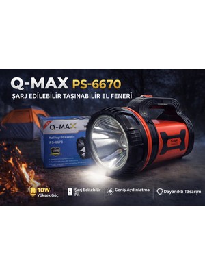 BSH Gülbay Mobilya Q-Max PS-6670 Şarj Edilebilir El Feneri 10W Güçlü LED Taşınabilir Uzun Ömürlü Projektör Fener