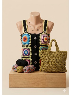 Linas Collection El Örgüsü Motifli Crop Süveter - Boho Chic Tarzı