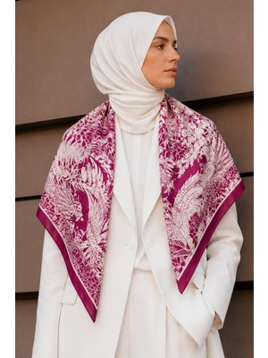 Afvente Tropikal Kuş Desen Fuşya-Krem Soft Fular Eşarp 90X90 cm