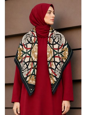 Afvente Kemer Desen Yeşil-Kırmızı Soft Fular Eşarp 90X90 cm