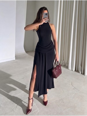 Trendparis Belden Büzgülü Yırtmaçlı Sandy Davet Elbisesi Siyah