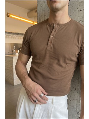 Livio Ferri Liiri %100 Pamuk Premium Fitilli Henley Yaka Yarım Düğmeli Erkek Tişört Regular Fit Basic Yazlık Tişört