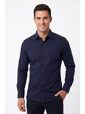Uki Açık Lacivert Slim Fit Uzun Kol Gömlek