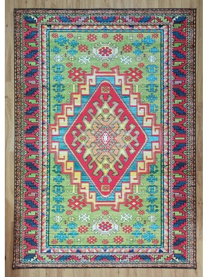 Pera Halı Canlı Yeşil ve Kırmızı Etnik Kilim Desenli Bohem Halı - 11449OU