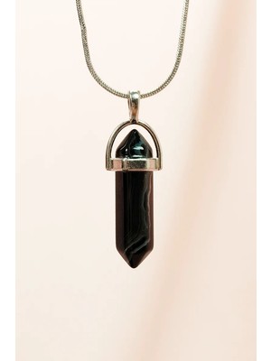 Nemere Obsidyen Doğal Taşı Zincirli El Yapımı Tasarımlı Kolye Uç: 3,5 cm Zincir: 20 cm Kutulu