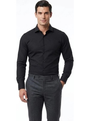 Uki Siyah Saten Slim Fit Klasik Gömlek