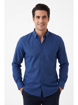 Uki Lacivert Düğmeli Yaka Comfort Fit Şamre Gömlek