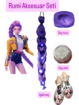 3b Kids Kpop Rumi Mor Işıklı Saç +Mor Simli Saç Tozu Kpop Topuklu Ayakkabı Doğum Günü Parti Seti