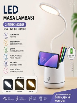 CAILON 3 Renk Şarjlı 24 LED Çalışma Okuma Işığı Kademeli Masa Lambası Ayarlanabilir Renk