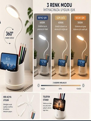 CAILON 3 Renk Şarjlı 24 LED Çalışma Okuma Işığı Kademeli Masa Lambası Ayarlanabilir Renk