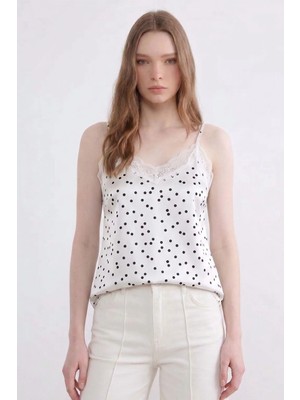 Shopping Shop Puantiye Desenli Askılı Saten Bluz Ekru