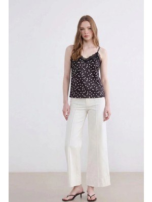 Shopping Shop Puantiye Desenli Askılı Saten Bluz Kahve