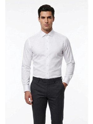 Uki Beyaz Saten Slim Fit Klasik Gömlek