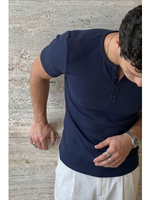 Livio Ferri Liiri %100 Pamuk Premium Fitilli Henley Yaka Yarım Düğmeli Erkek Tişört Regular Fit Basic Yazlık Tişört