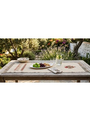 Muguetarts %100 El Işlemeli Hesap Işi Bodrum Keten Runner Örtü 86X36 cm Püskül 10CM