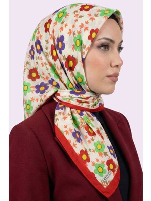 Hadiora Ekru Kırmızı Çiçek Desenli Organik Pamuk Soft Eşarp
