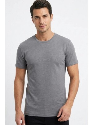 Uki Gri Modal Bisiklet Yaka T-Shirt