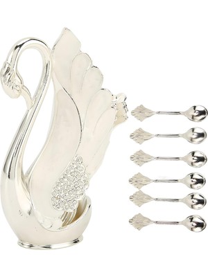 Elifeshop Lüks Iskandinav Kuğu Tutuculu 6’lı Tatlı Kahve Çay Kaşığı Seti Kristal Taş Detaylı Gümüş Set