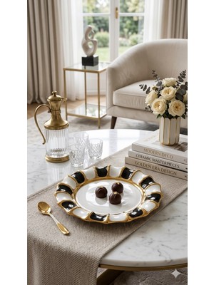 sembol Lüks Yuvarlak Sunumluk Siyah-Beyaz Gold Detaylı (28 Cm)