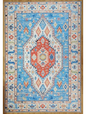 Pera Halı Etnik Geometrik Madalyonlu Açık Mavi ve Mercan Bohem Halı  - 11448OU