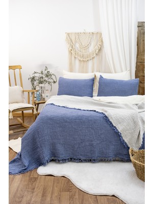 HB&Victory %100 Pamuk 4 Katlı Müslin Yatak Örtüsü Indigo Mavi Renk Tek Kişilik 160X230 Cm. 1 Adet Yastık Kılıfı 50X70 Cm.
